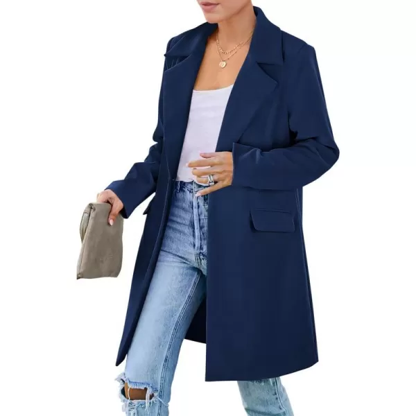 imagePRETTYGARDEN Womens 2023 Fall Long Blazer Jackets Long Sleeve Lapel Pockets Loose Fit Work Casual Blazers OuterwearNavy