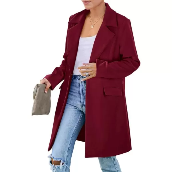imagePRETTYGARDEN Womens 2023 Fall Long Blazer Jackets Long Sleeve Lapel Pockets Loose Fit Work Casual Blazers OuterwearWine Red