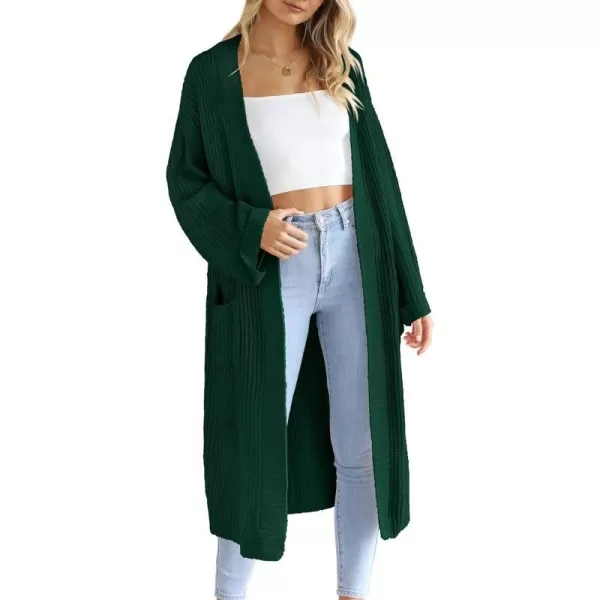 imagePRETTYGARDEN Womens 2023 Fall Long Cardigan Sweaters Open Front Long Sleeve Loose Fit Pockets Knit Sweater Coat OuterwearDark Green