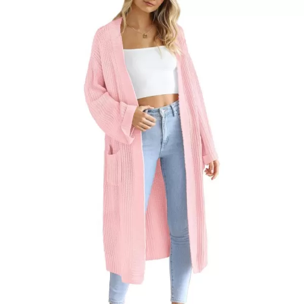 imagePRETTYGARDEN Womens 2023 Fall Long Cardigan Sweaters Open Front Long Sleeve Loose Fit Pockets Knit Sweater Coat OuterwearPink