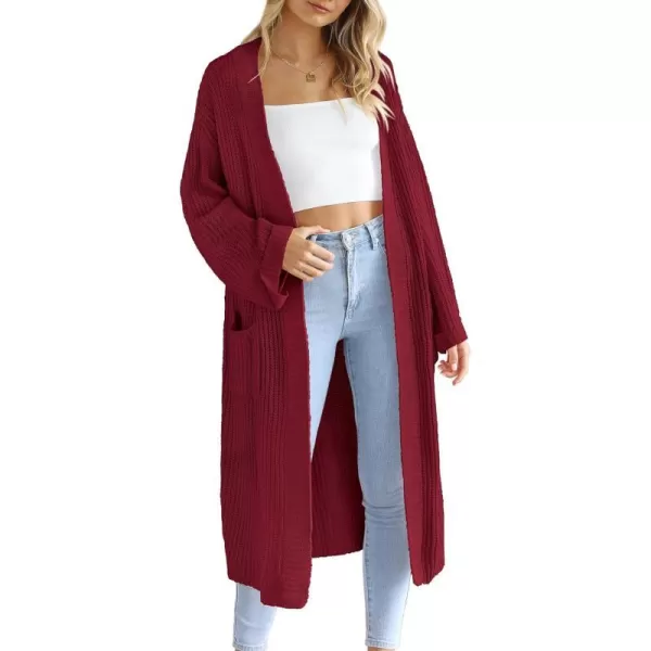 imagePRETTYGARDEN Womens 2023 Fall Long Cardigan Sweaters Open Front Long Sleeve Loose Fit Pockets Knit Sweater Coat OuterwearWine Red