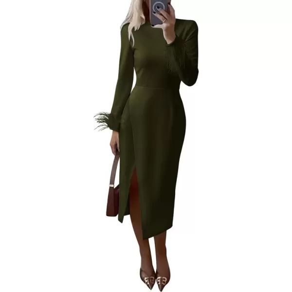 imagePRETTYGARDEN Womens 2023 Fall Long Sleeve Dress Formal Midi Bodycon Wrap Slit Feather Elegant Wedding Guest Cocktail DressesArmy Green