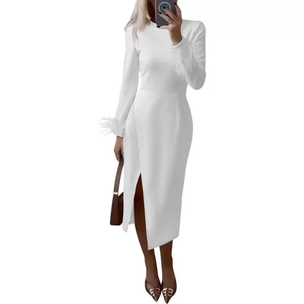 imagePRETTYGARDEN Womens 2023 Fall Long Sleeve Dress Formal Midi Bodycon Wrap Slit Feather Elegant Wedding Guest Cocktail DressesBeige White