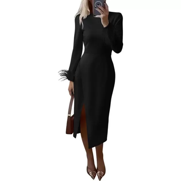 imagePRETTYGARDEN Womens 2023 Fall Long Sleeve Dress Formal Midi Bodycon Wrap Slit Feather Elegant Wedding Guest Cocktail DressesBlack