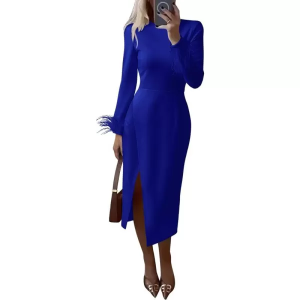 imagePRETTYGARDEN Womens 2023 Fall Long Sleeve Dress Formal Midi Bodycon Wrap Slit Feather Elegant Wedding Guest Cocktail DressesBlue