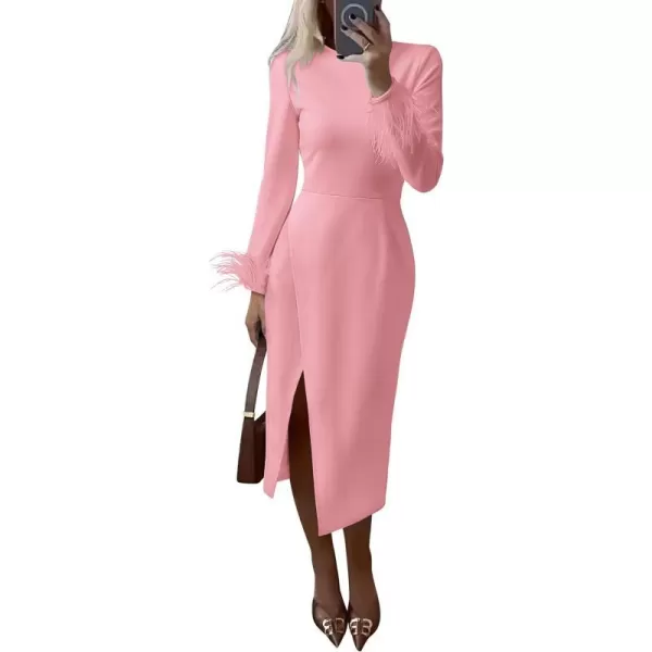 PRETTYGARDEN Women's 2023 Fall Long Sleeve Dress Formal Midi Bodycon Wrap Slit Feather Elegant Wedding Guest Cocktail Dresses