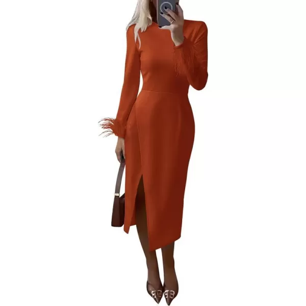 imagePRETTYGARDEN Womens 2023 Fall Long Sleeve Dress Formal Midi Bodycon Wrap Slit Feather Elegant Wedding Guest Cocktail DressesRust Red