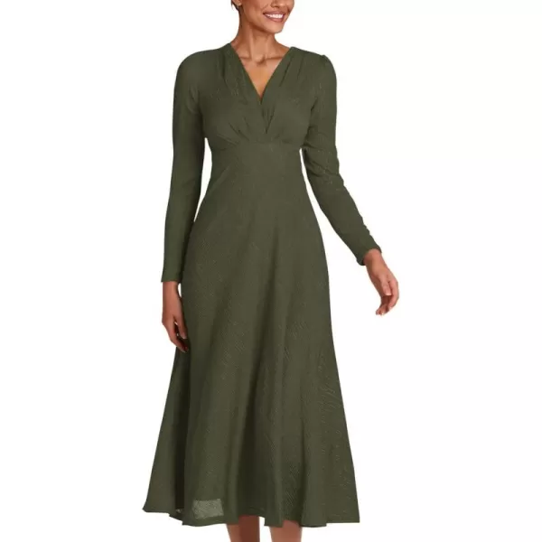 imagePRETTYGARDEN Womens 2023 Fall Midi Dress Casual Long Sleeve V Neck Cocktail Party A Line Flowy DressesArmy Green