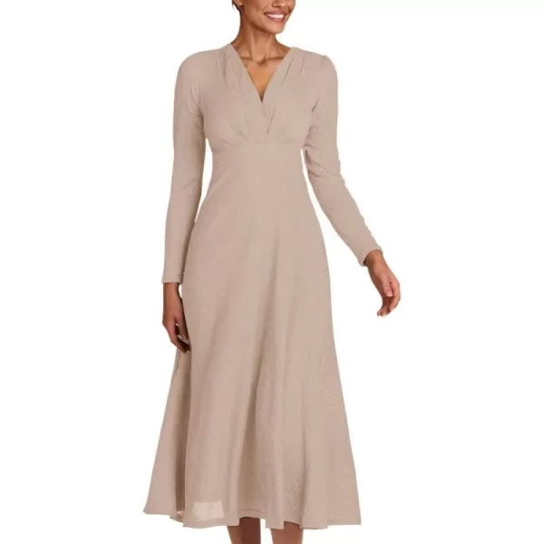 imagePRETTYGARDEN Womens 2023 Fall Midi Dress Casual Long Sleeve V Neck Cocktail Party A Line Flowy DressesBeige