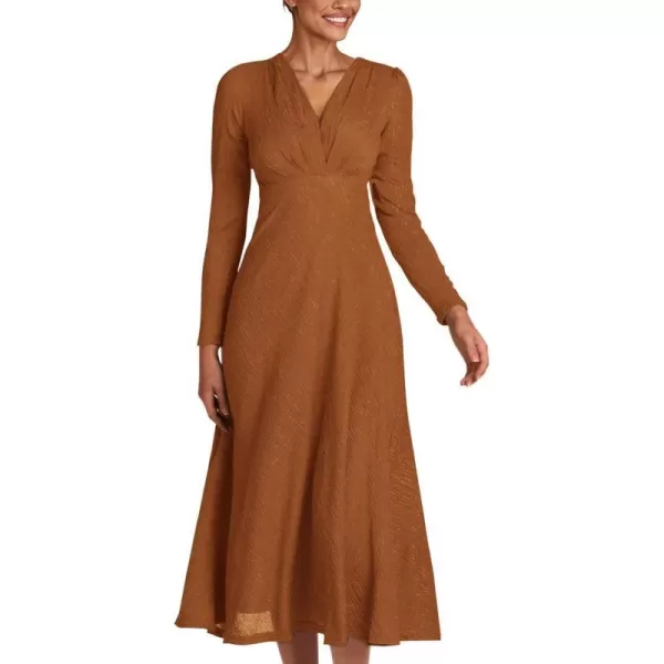 imagePRETTYGARDEN Womens 2023 Fall Midi Dress Casual Long Sleeve V Neck Cocktail Party A Line Flowy DressesCaramel