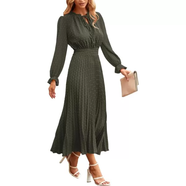 imagePRETTYGARDEN Womens 2023 Fall Midi Dress Casual Long Sleeve V Neck Swiss Dot Pleated A Line Flowy DressesArmy Green