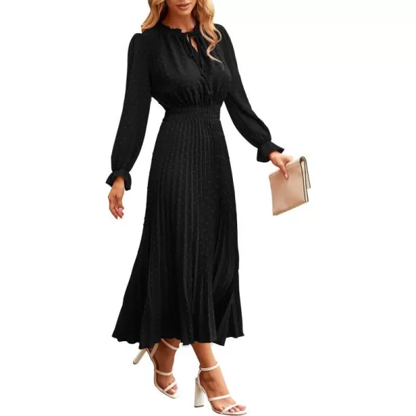 imagePRETTYGARDEN Womens 2023 Fall Midi Dress Casual Long Sleeve V Neck Swiss Dot Pleated A Line Flowy DressesBlack