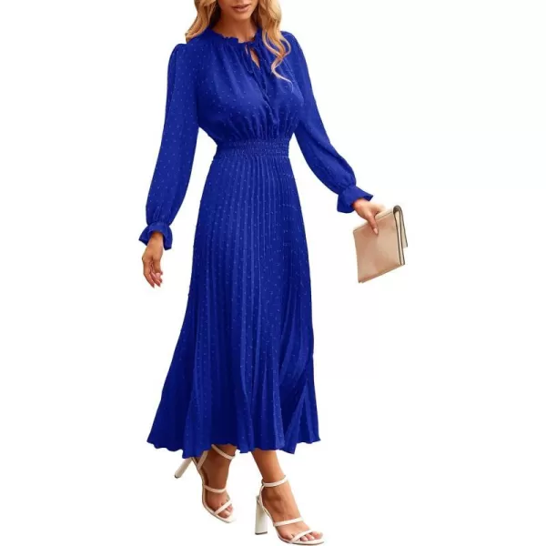 imagePRETTYGARDEN Womens 2023 Fall Midi Dress Casual Long Sleeve V Neck Swiss Dot Pleated A Line Flowy DressesBlue
