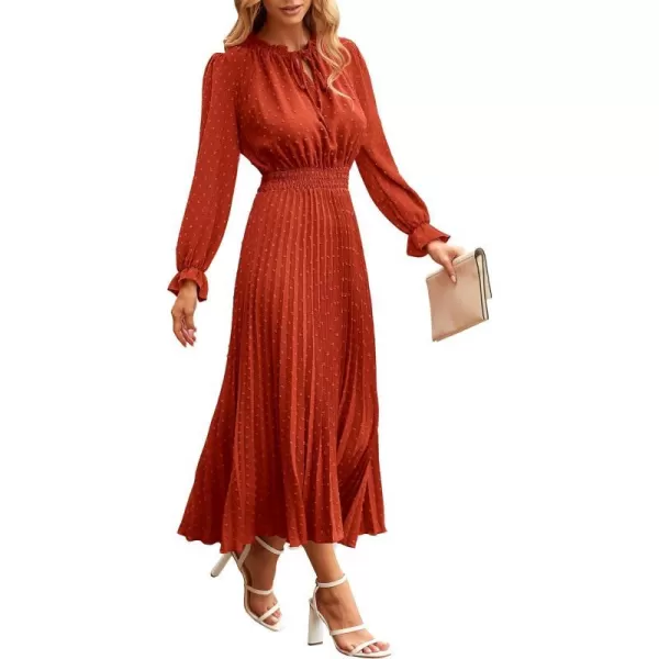imagePRETTYGARDEN Womens 2023 Fall Midi Dress Casual Long Sleeve V Neck Swiss Dot Pleated A Line Flowy DressesBrick Red