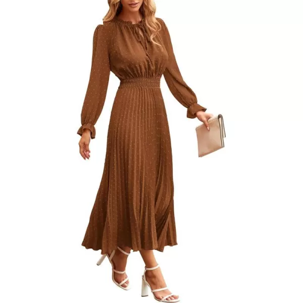 imagePRETTYGARDEN Womens 2023 Fall Midi Dress Casual Long Sleeve V Neck Swiss Dot Pleated A Line Flowy DressesBrown
