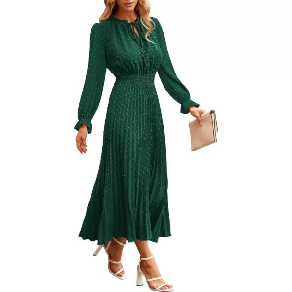 imagePRETTYGARDEN Womens 2023 Fall Midi Dress Casual Long Sleeve V Neck Swiss Dot Pleated A Line Flowy DressesDark Green
