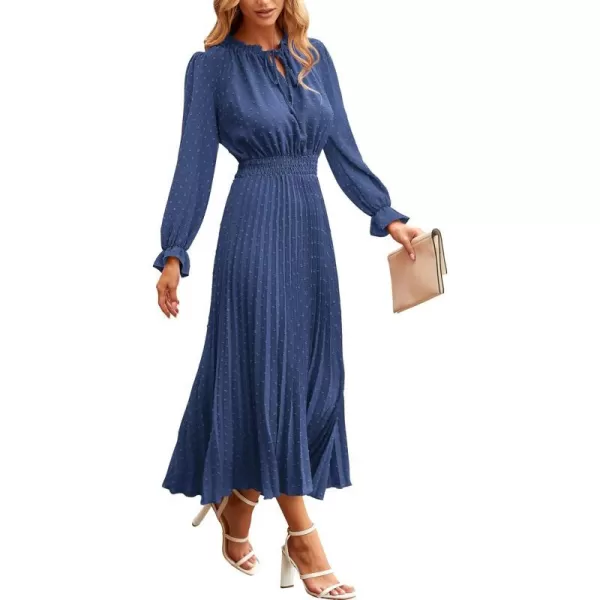 imagePRETTYGARDEN Womens 2023 Fall Midi Dress Casual Long Sleeve V Neck Swiss Dot Pleated A Line Flowy DressesGrey Blue