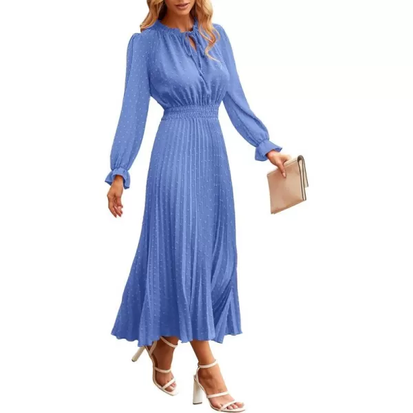 imagePRETTYGARDEN Womens 2023 Fall Midi Dress Casual Long Sleeve V Neck Swiss Dot Pleated A Line Flowy DressesLight Blue