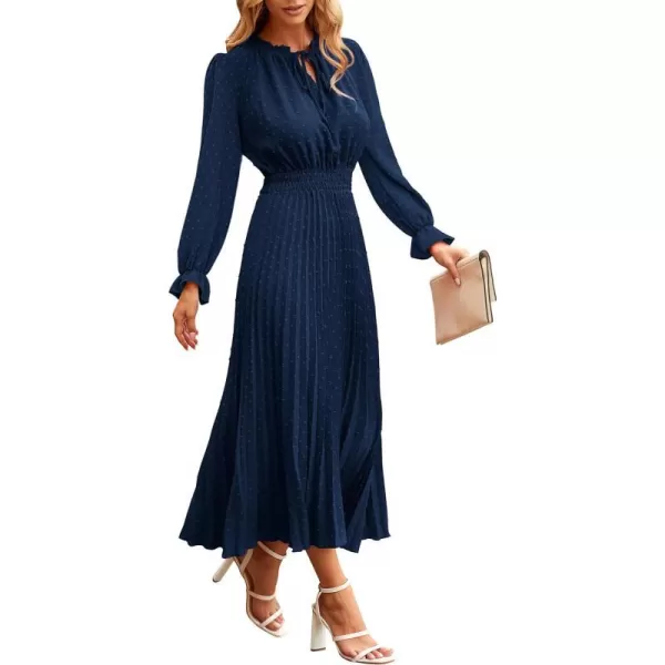 imagePRETTYGARDEN Womens 2023 Fall Midi Dress Casual Long Sleeve V Neck Swiss Dot Pleated A Line Flowy DressesNavy