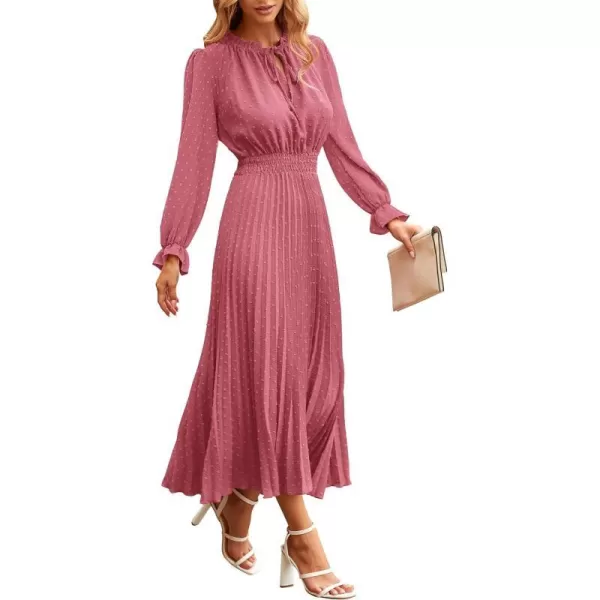 imagePRETTYGARDEN Womens 2023 Fall Midi Dress Casual Long Sleeve V Neck Swiss Dot Pleated A Line Flowy DressesPink