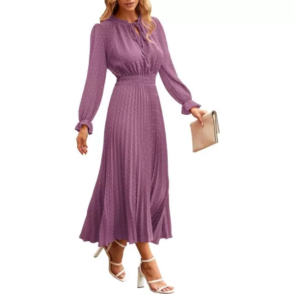 imagePRETTYGARDEN Womens 2023 Fall Midi Dress Casual Long Sleeve V Neck Swiss Dot Pleated A Line Flowy DressesPurple