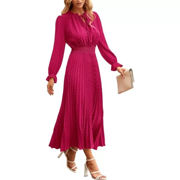 imagePRETTYGARDEN Womens 2023 Fall Midi Dress Casual Long Sleeve V Neck Swiss Dot Pleated A Line Flowy DressesRose Red