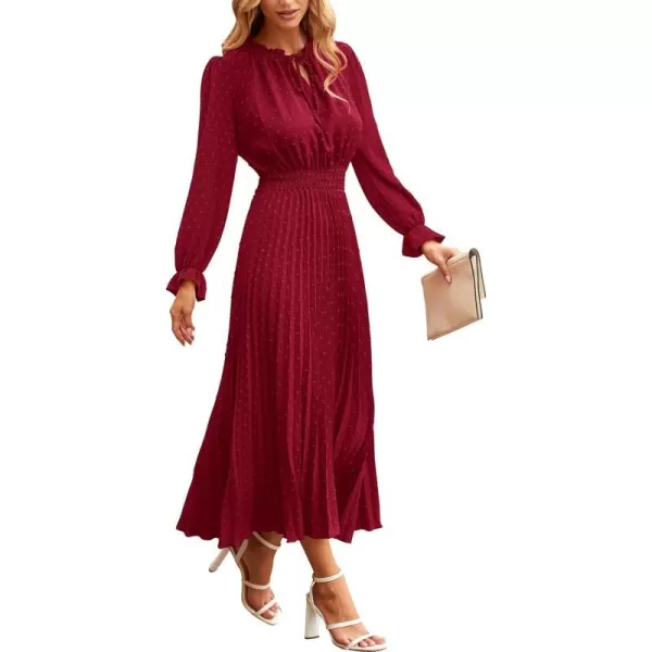 imagePRETTYGARDEN Womens 2023 Fall Midi Dress Casual Long Sleeve V Neck Swiss Dot Pleated A Line Flowy DressesWine Red