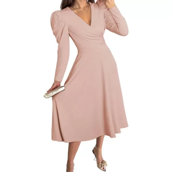 imagePRETTYGARDEN Womens 2023 Fall Midi Dress Puff Long Sleeve Wrap V Neck A Line Flowy Casual Elegant Cocktail Party DressesApricot