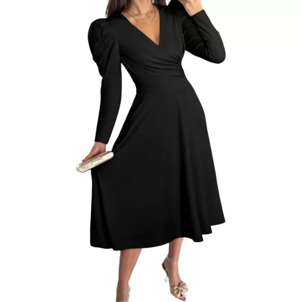 imagePRETTYGARDEN Womens 2023 Fall Midi Dress Puff Long Sleeve Wrap V Neck A Line Flowy Casual Elegant Cocktail Party DressesBlack