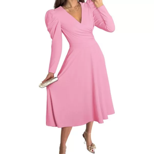 imagePRETTYGARDEN Womens 2023 Fall Midi Dress Puff Long Sleeve Wrap V Neck A Line Flowy Casual Elegant Cocktail Party DressesPink