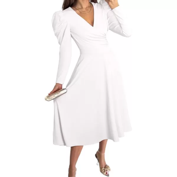 imagePRETTYGARDEN Womens 2023 Fall Midi Dress Puff Long Sleeve Wrap V Neck A Line Flowy Casual Elegant Cocktail Party DressesWhite