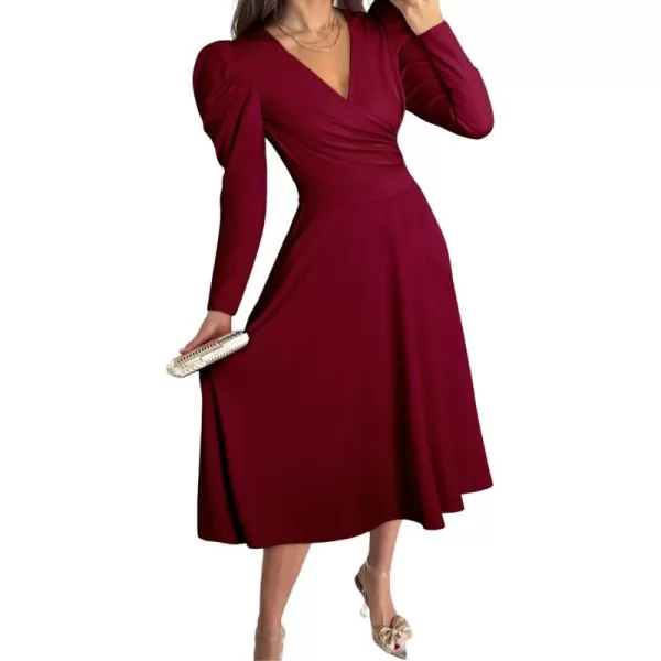 imagePRETTYGARDEN Womens 2023 Fall Midi Dress Puff Long Sleeve Wrap V Neck A Line Flowy Casual Elegant Cocktail Party DressesWine Red