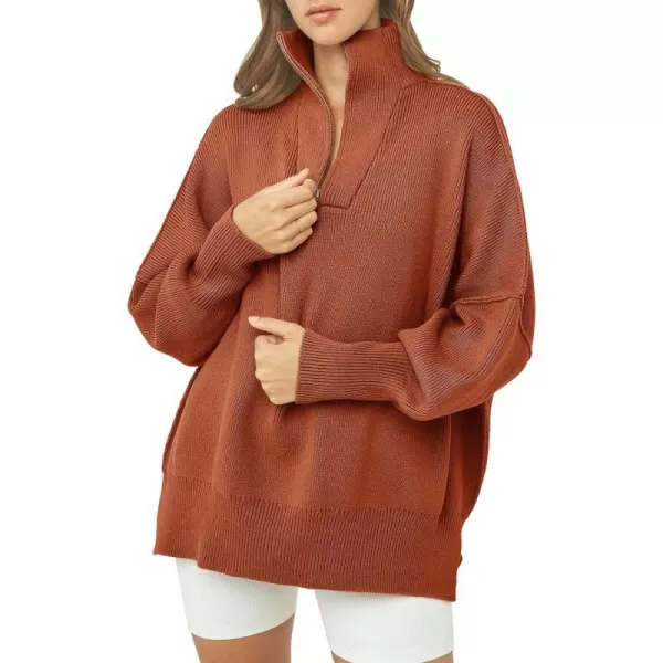 imagePRETTYGARDEN Womens 2023 Fall Pullover Oversized Sweaters Casual Long Sleeve Zip Up Collared Winter Tops BlouseRust Red