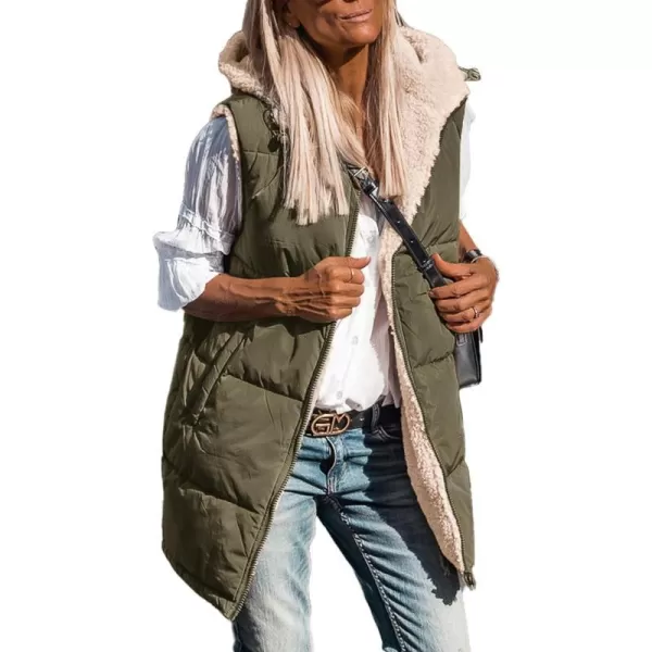 imagePRETTYGARDEN Womens 2023 Fall Reversible Vests Sleeveless Fleece Jacket Zip Up Hoodie Pockets Long Warm Winter Coat OuterwearArmy Green