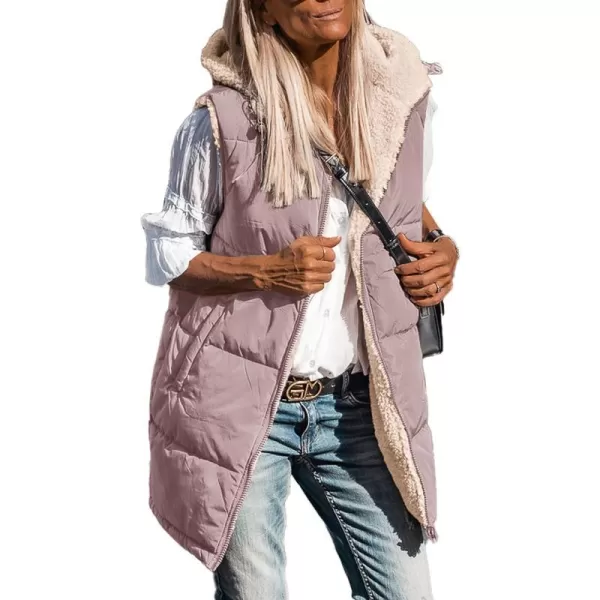 imagePRETTYGARDEN Womens 2023 Fall Reversible Vests Sleeveless Fleece Jacket Zip Up Hoodie Pockets Long Warm Winter Coat OuterwearBean Paste Pink