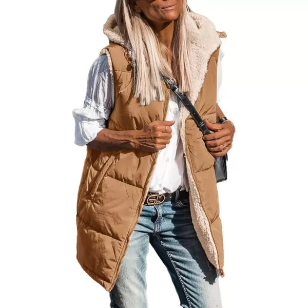 imagePRETTYGARDEN Womens 2023 Fall Reversible Vests Sleeveless Fleece Jacket Zip Up Hoodie Pockets Long Warm Winter Coat OuterwearBrown