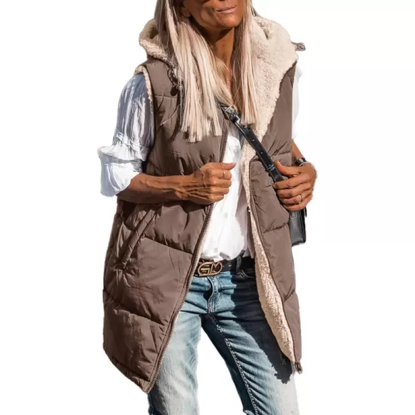 imagePRETTYGARDEN Womens 2023 Fall Reversible Vests Sleeveless Fleece Jacket Zip Up Hoodie Pockets Long Warm Winter Coat OuterwearCoffee