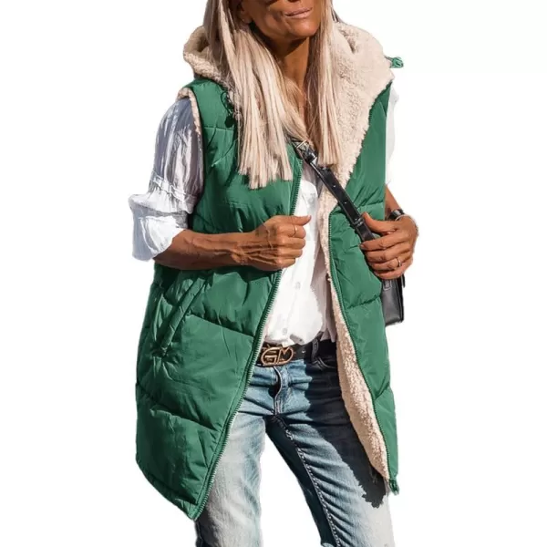 imagePRETTYGARDEN Womens 2023 Fall Reversible Vests Sleeveless Fleece Jacket Zip Up Hoodie Pockets Long Warm Winter Coat OuterwearDark Green