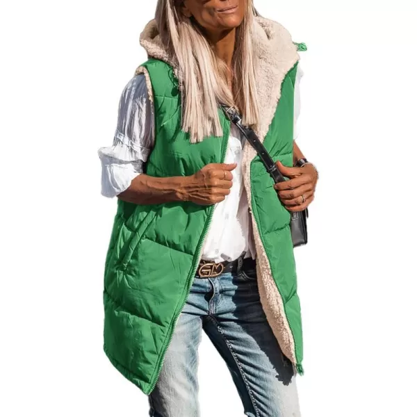 imagePRETTYGARDEN Womens 2023 Fall Reversible Vests Sleeveless Fleece Jacket Zip Up Hoodie Pockets Long Warm Winter Coat OuterwearGreen