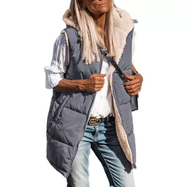 imagePRETTYGARDEN Womens 2023 Fall Reversible Vests Sleeveless Fleece Jacket Zip Up Hoodie Pockets Long Warm Winter Coat OuterwearGrey Blue