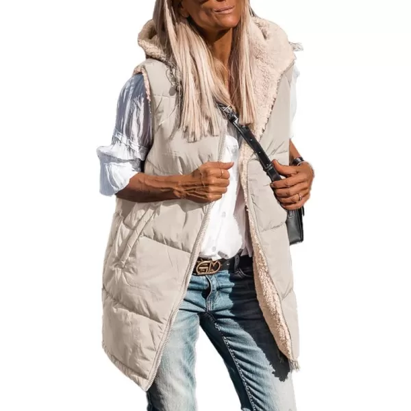 imagePRETTYGARDEN Womens 2023 Fall Reversible Vests Sleeveless Fleece Jacket Zip Up Hoodie Pockets Long Warm Winter Coat OuterwearLight Khaki
