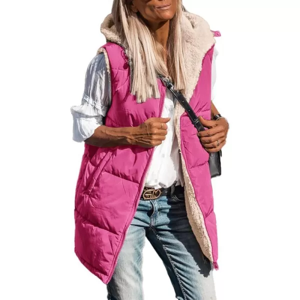 imagePRETTYGARDEN Womens 2023 Fall Reversible Vests Sleeveless Fleece Jacket Zip Up Hoodie Pockets Long Warm Winter Coat OuterwearRose Red