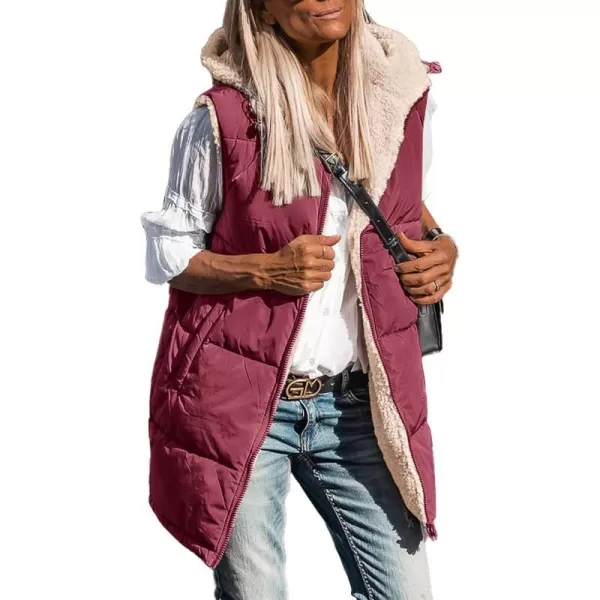 imagePRETTYGARDEN Womens 2023 Fall Reversible Vests Sleeveless Fleece Jacket Zip Up Hoodie Pockets Long Warm Winter Coat OuterwearWine Red