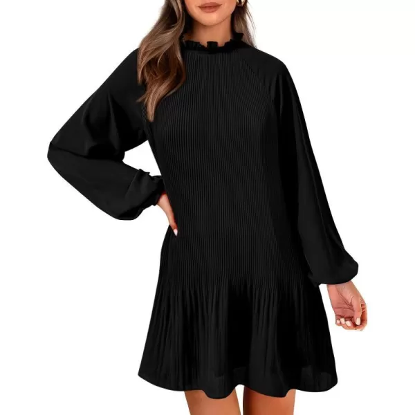 imagePRETTYGARDEN Womens 2023 Fall Short Flowy Dress Casual Long Sleeve Ruffle A Line Swing DressesBlack