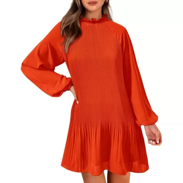 imagePRETTYGARDEN Womens 2023 Fall Short Flowy Dress Casual Long Sleeve Ruffle A Line Swing DressesOrange