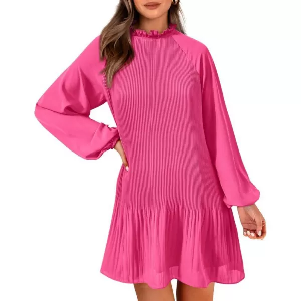 imagePRETTYGARDEN Womens 2023 Fall Short Flowy Dress Casual Long Sleeve Ruffle A Line Swing DressesRose Red