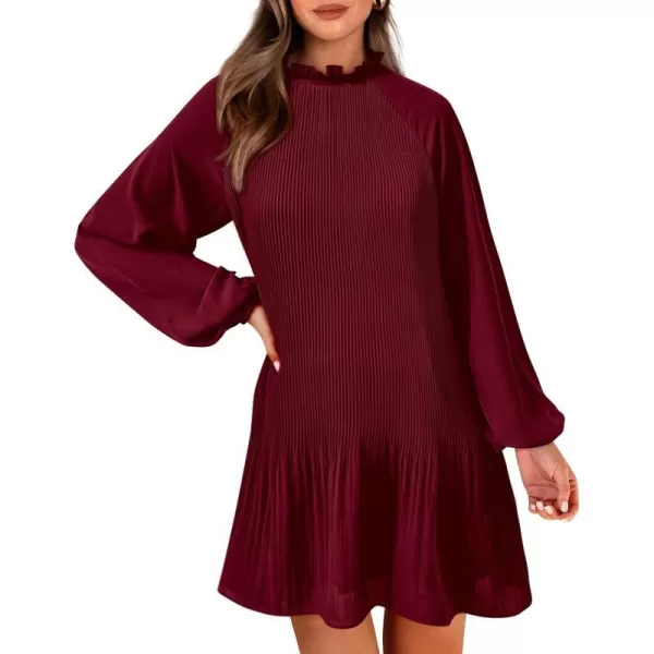imagePRETTYGARDEN Womens 2023 Fall Short Flowy Dress Casual Long Sleeve Ruffle A Line Swing DressesWine Red