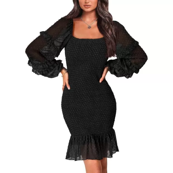 imagePRETTYGARDEN Womens 2023 Fall Smocked Bodycon Mini Dress Long Sleeve Square Neck Swiss Dot Ruffle Mermaid Elegant DressesBlack