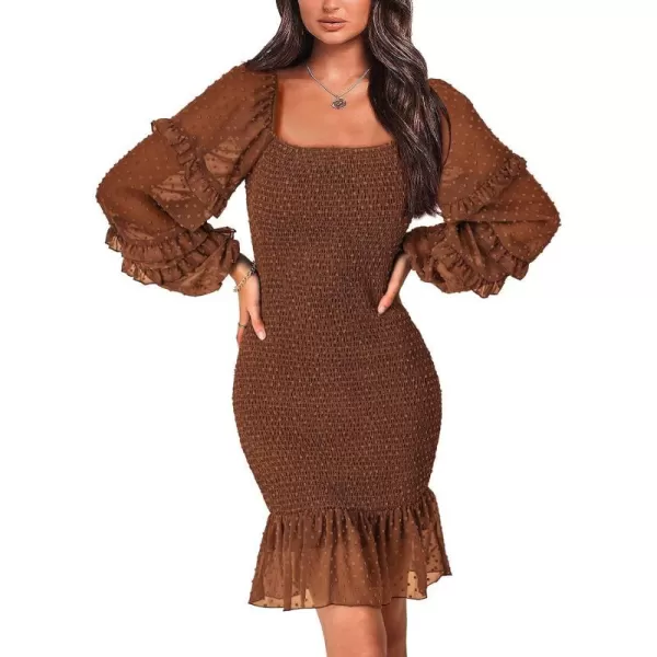 imagePRETTYGARDEN Womens 2023 Fall Smocked Bodycon Mini Dress Long Sleeve Square Neck Swiss Dot Ruffle Mermaid Elegant DressesCoffee