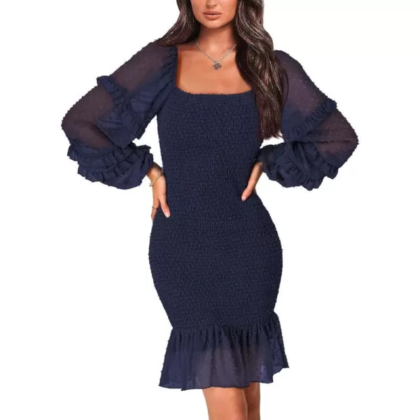 imagePRETTYGARDEN Womens 2023 Fall Smocked Bodycon Mini Dress Long Sleeve Square Neck Swiss Dot Ruffle Mermaid Elegant DressesNavy